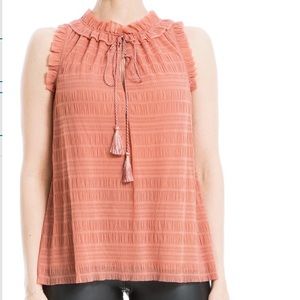 Max Studio Mesh Ruffle Split Neck Tie Front Tank
